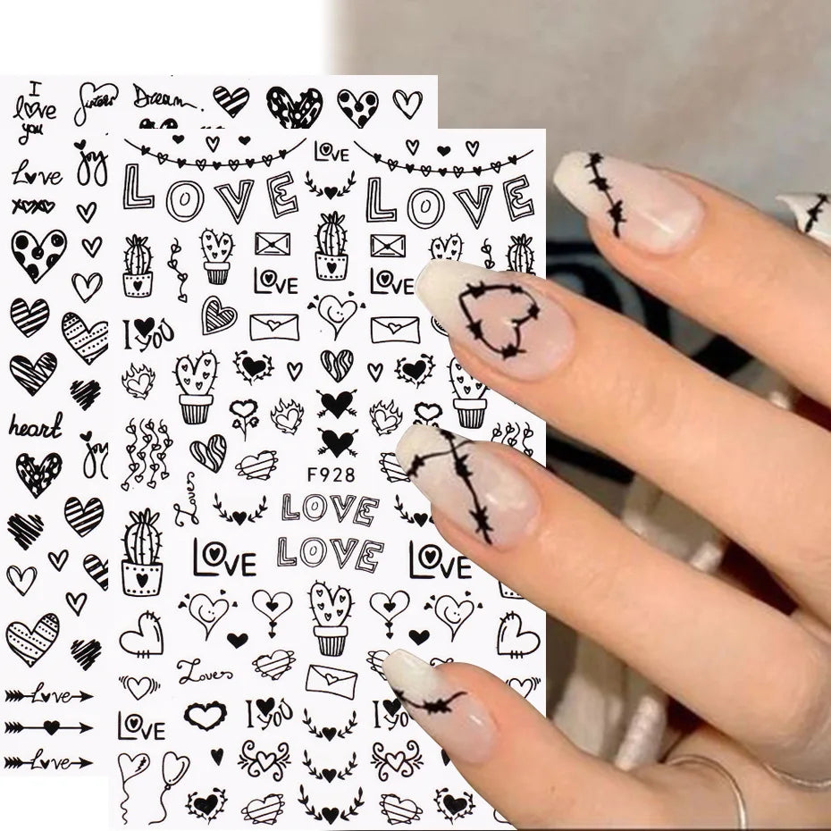 3D Self-Adhesive Valentine's Day Nail Art Stickers – Black & White Heart Decals