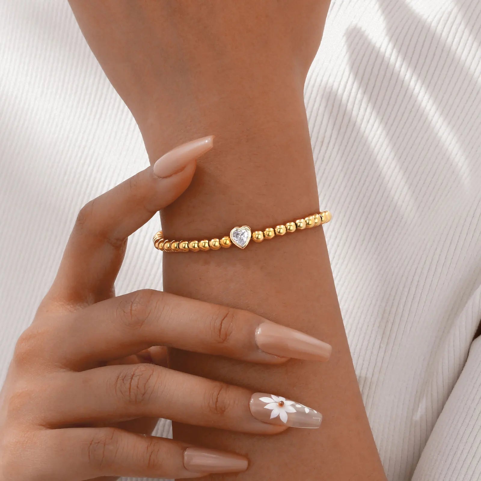 Vnox Elegant Golden Beaded Heart Charm Bracelet with "Love You" Card