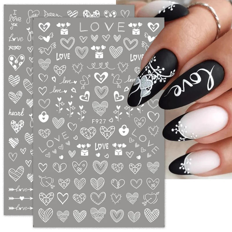 3D Self-Adhesive Valentine's Day Nail Art Stickers – Black & White Heart Decals