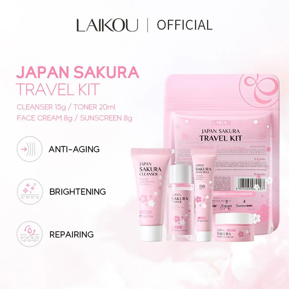 5-Piece Japan Sakura Skin Care Set – Travel Size Routine with Cleanser, Serum, Eye Cream, Face Essence & Sunscreen