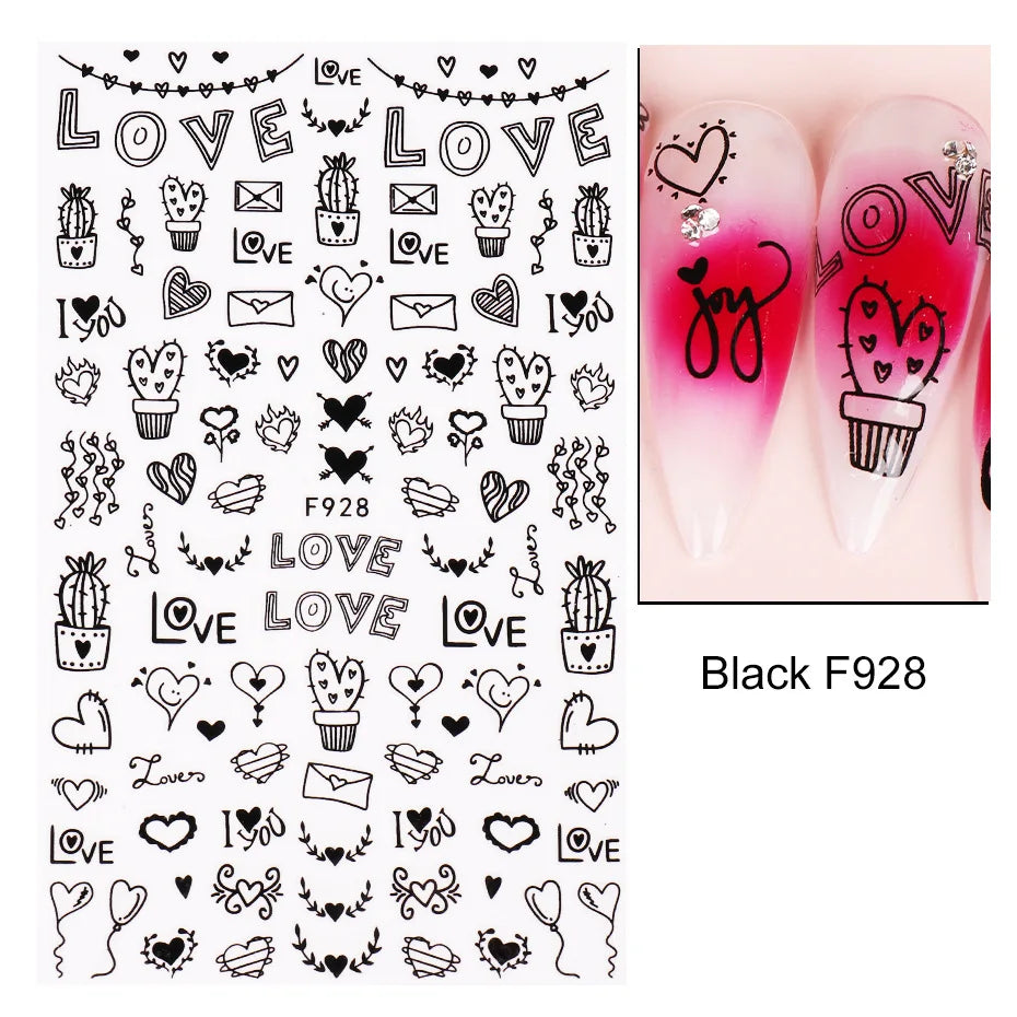 3D Self-Adhesive Valentine's Day Nail Art Stickers – Black & White Heart Decals