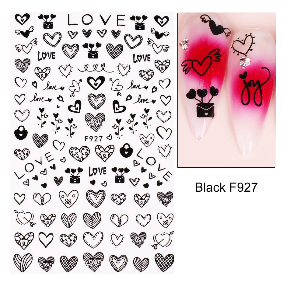 3D Self-Adhesive Valentine's Day Nail Art Stickers – Black & White Heart Decals