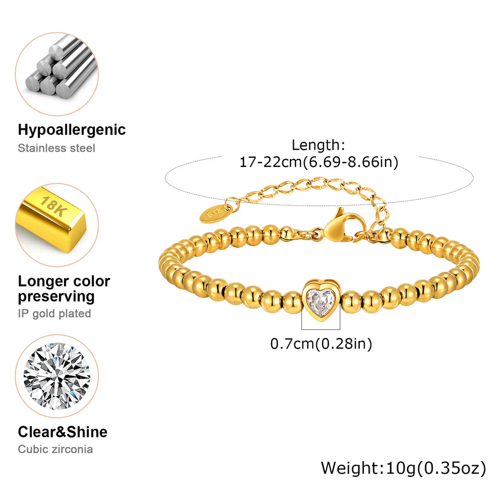 Vnox Elegant Golden Beaded Heart Charm Bracelet with "Love You" Card