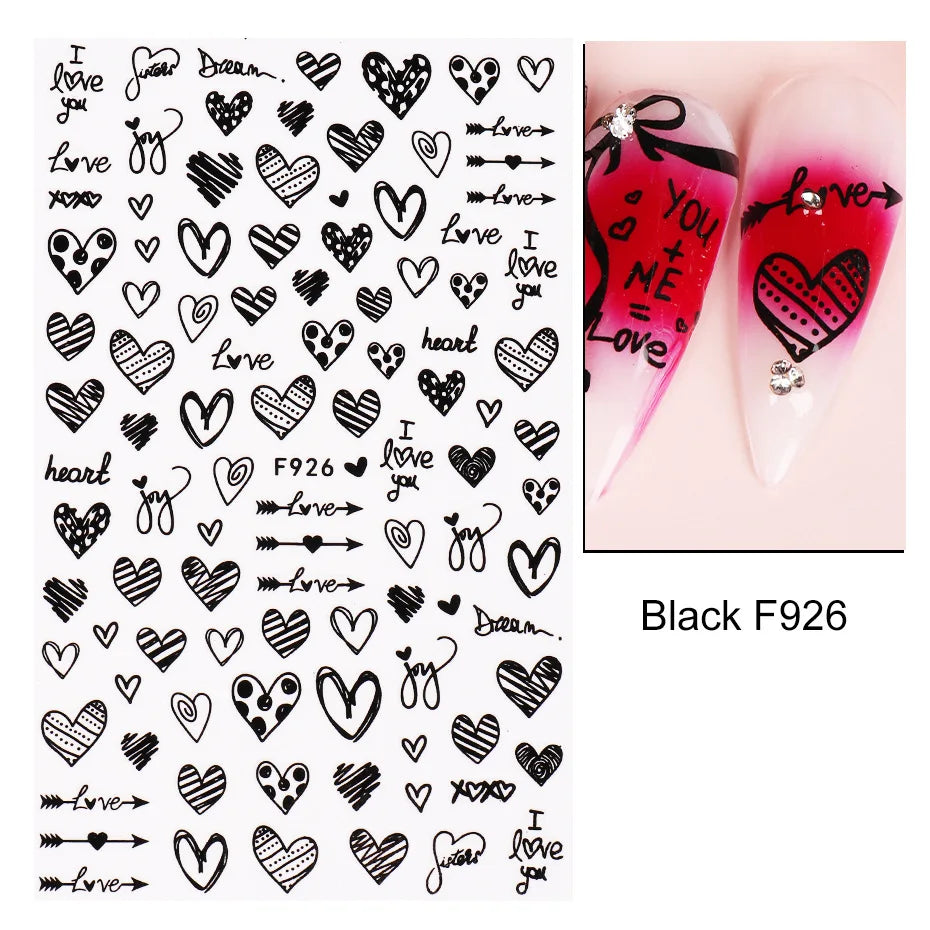 3D Self-Adhesive Valentine's Day Nail Art Stickers – Black & White Heart Decals