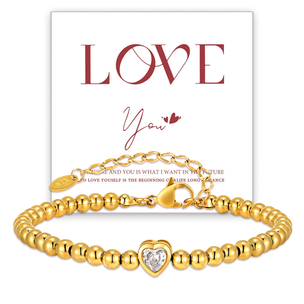 Vnox Elegant Golden Beaded Heart Charm Bracelet with "Love You" Card