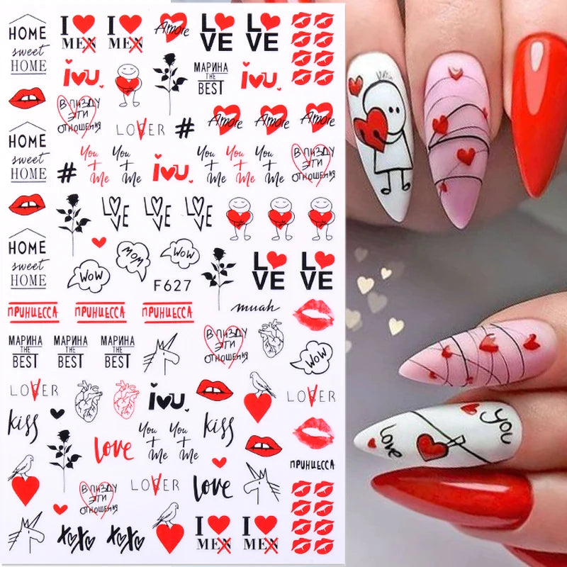 3D Self-Adhesive Valentine's Day Nail Art Stickers – Black & White Heart Decals