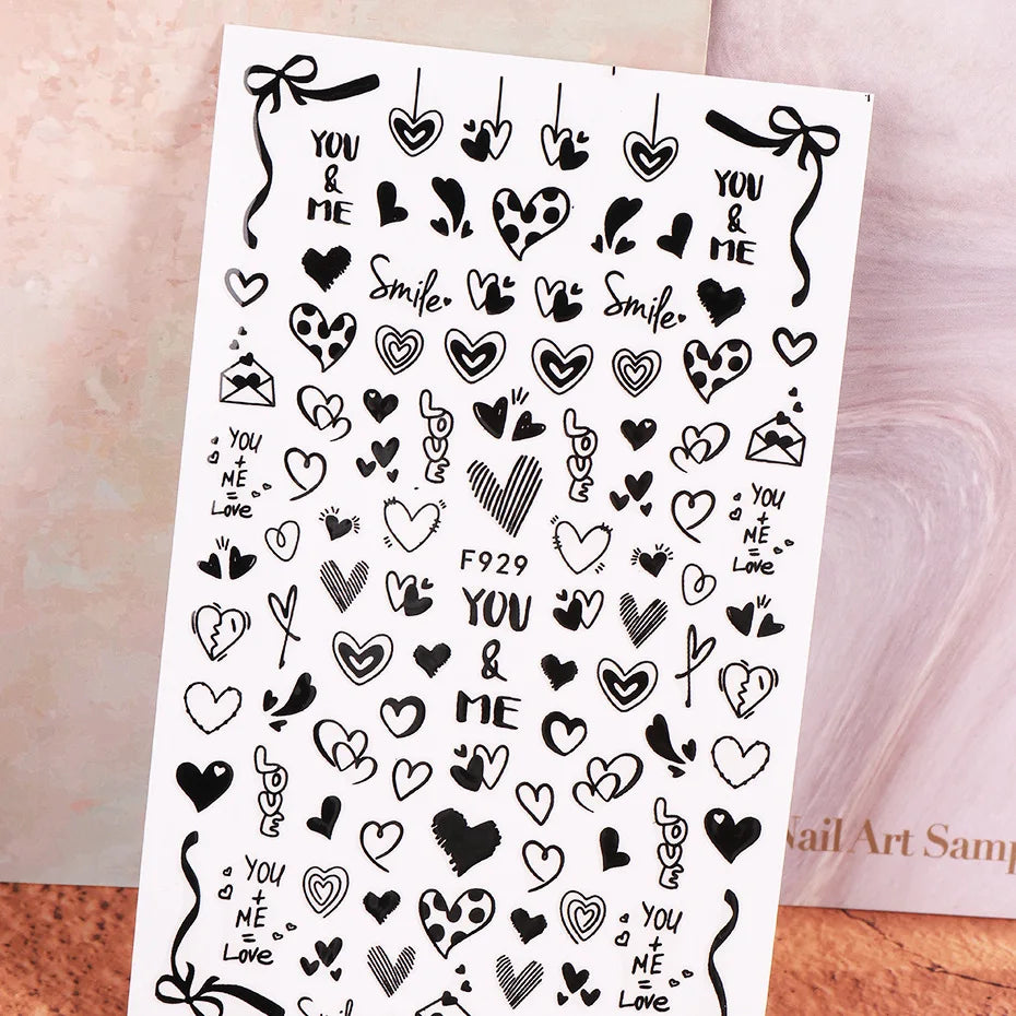 3D Self-Adhesive Valentine's Day Nail Art Stickers – Black & White Heart Decals