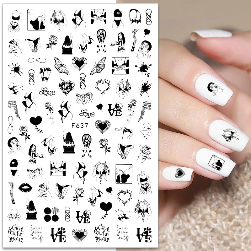 3D Self-Adhesive Valentine's Day Nail Art Stickers – Black & White Heart Decals