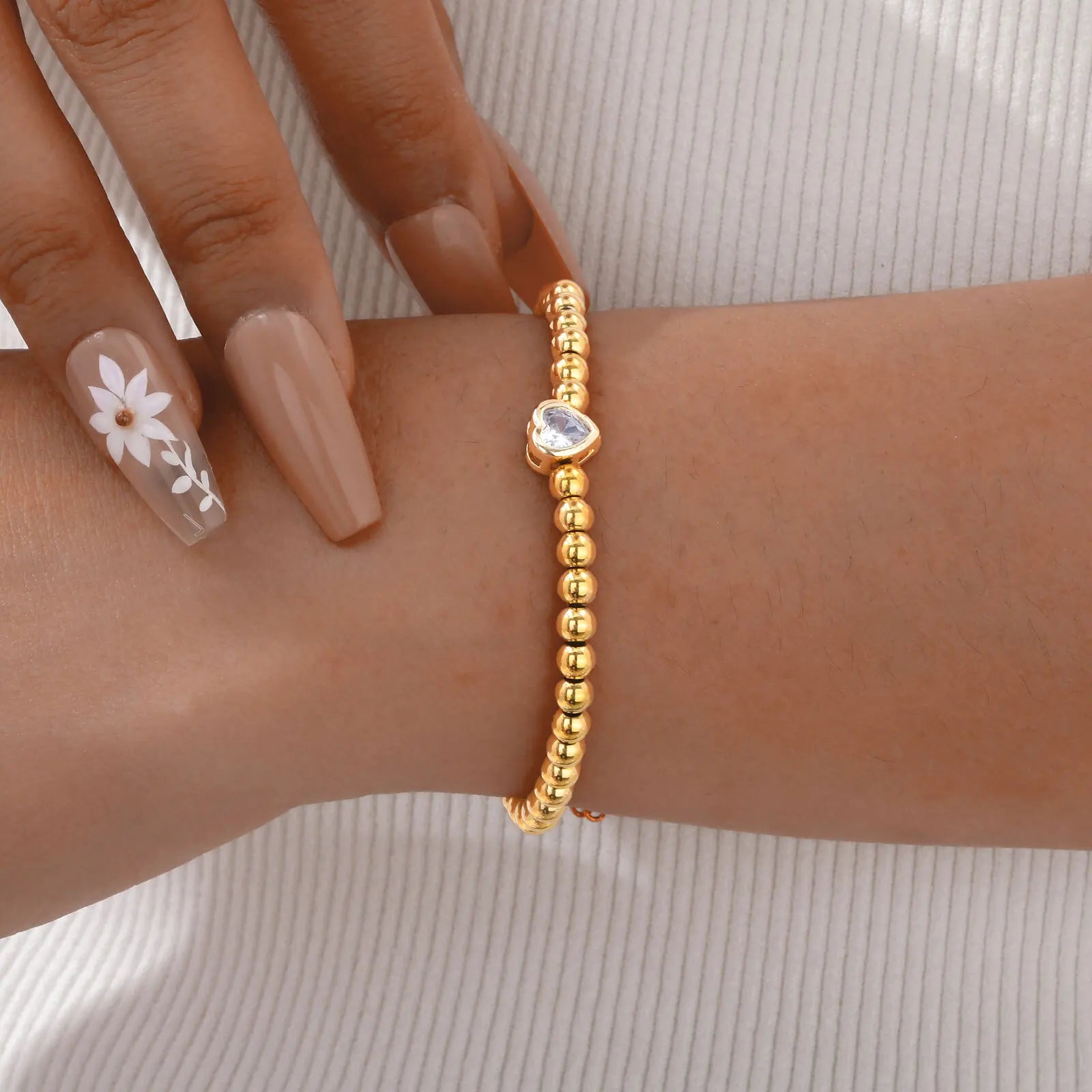 Vnox Elegant Golden Beaded Heart Charm Bracelet with "Love You" Card