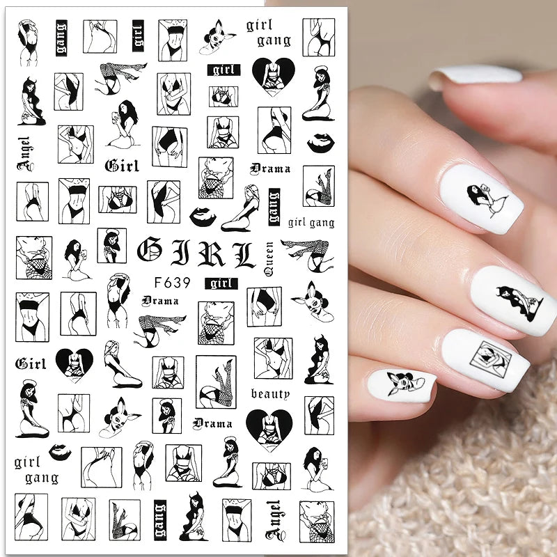 3D Self-Adhesive Valentine's Day Nail Art Stickers – Black & White Heart Decals