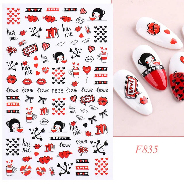 3D Self-Adhesive Valentine's Day Nail Art Stickers – Black & White Heart Decals