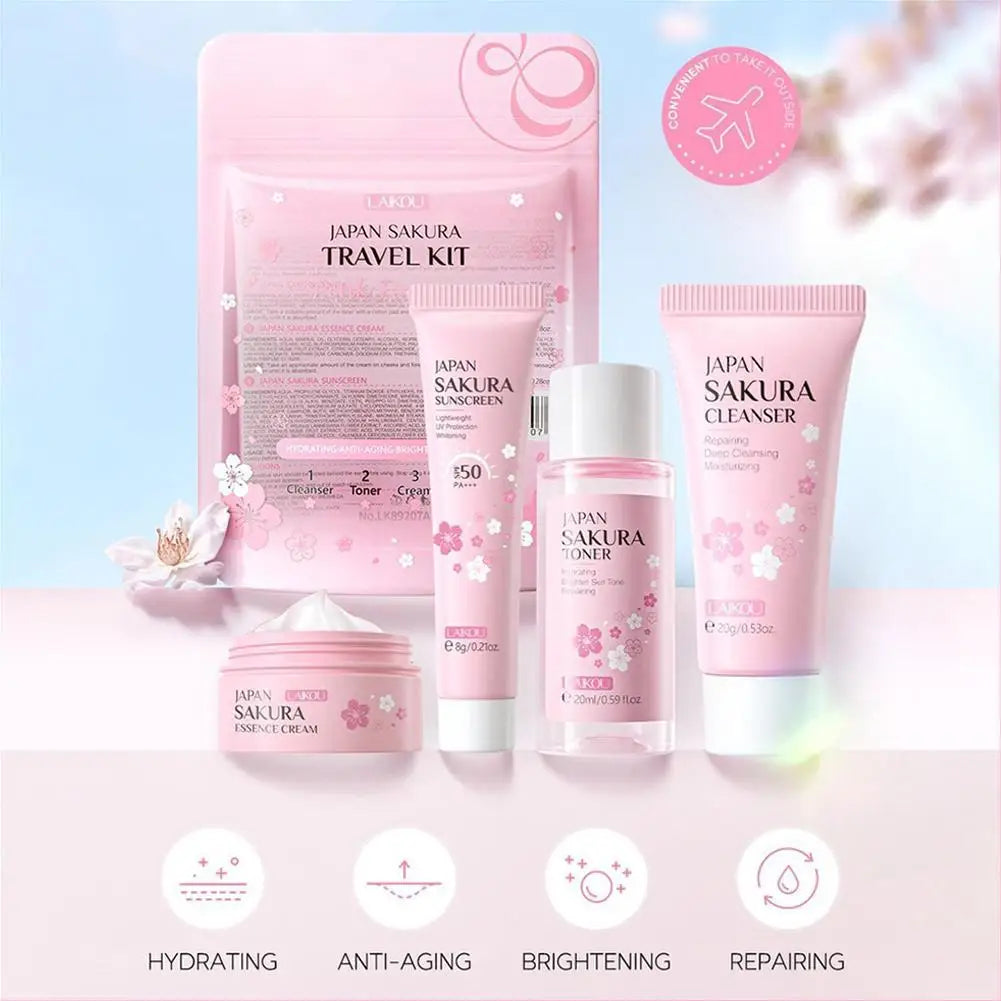 5-Piece Japan Sakura Skin Care Set – Travel Size Routine with Cleanser, Serum, Eye Cream, Face Essence & Sunscreen