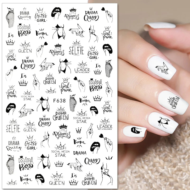 3D Self-Adhesive Valentine's Day Nail Art Stickers – Black & White Heart Decals