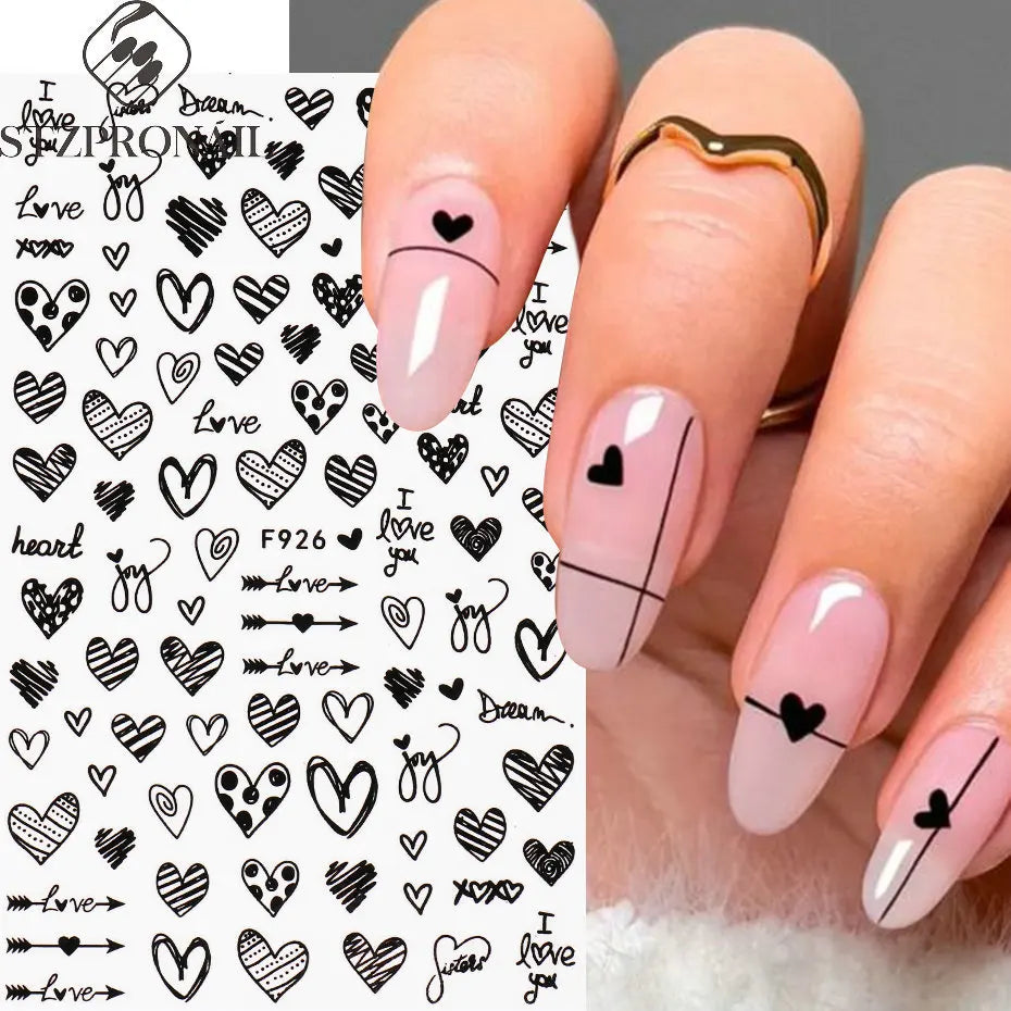 3D Self-Adhesive Valentine's Day Nail Art Stickers – Black & White Heart Decals
