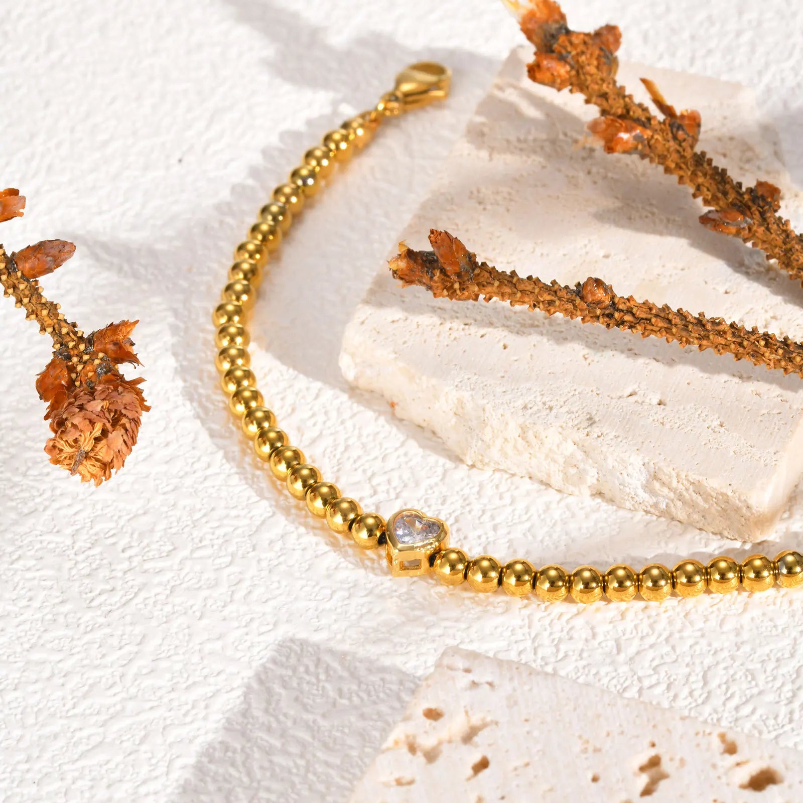 Vnox Elegant Golden Beaded Heart Charm Bracelet with "Love You" Card