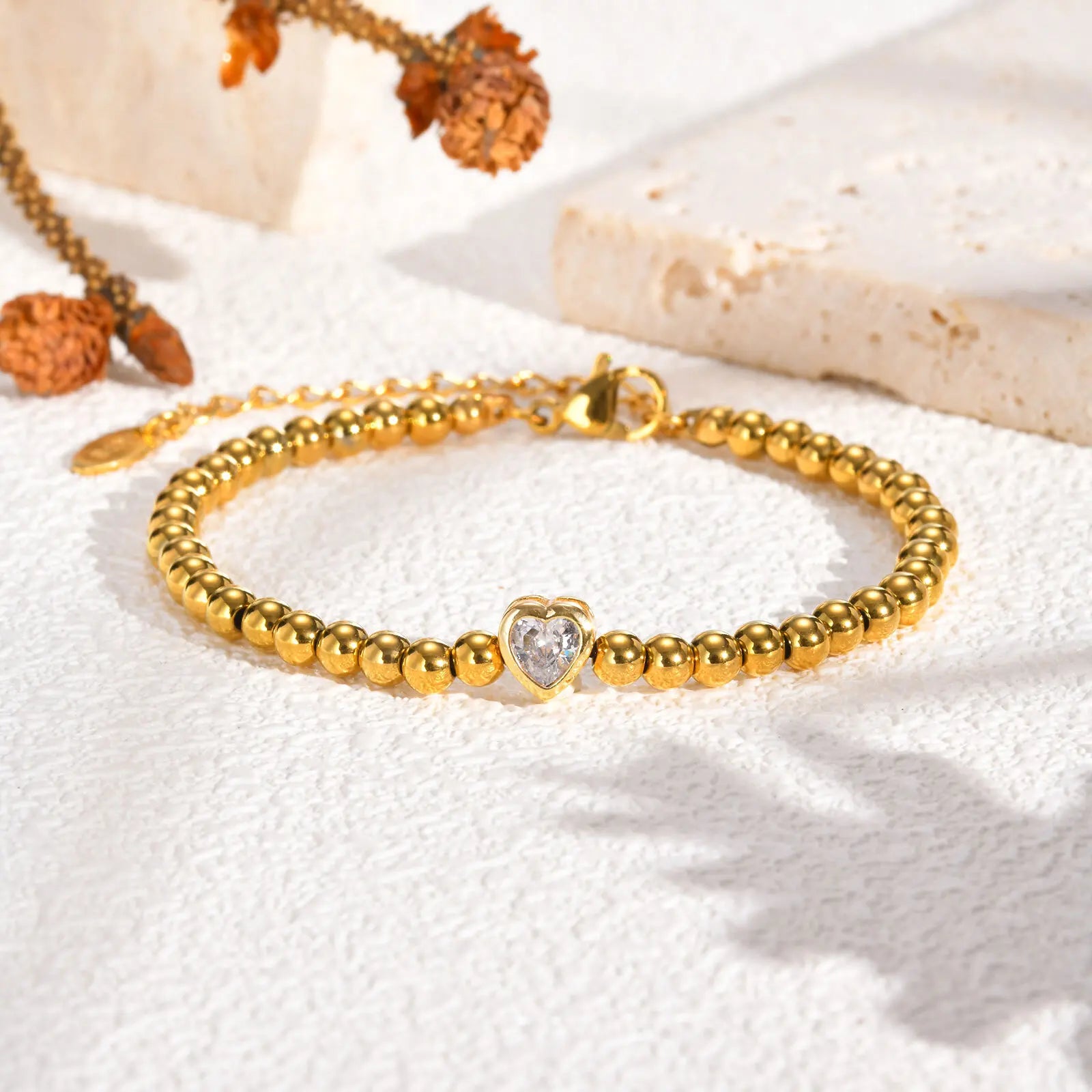 Vnox Elegant Golden Beaded Heart Charm Bracelet with "Love You" Card